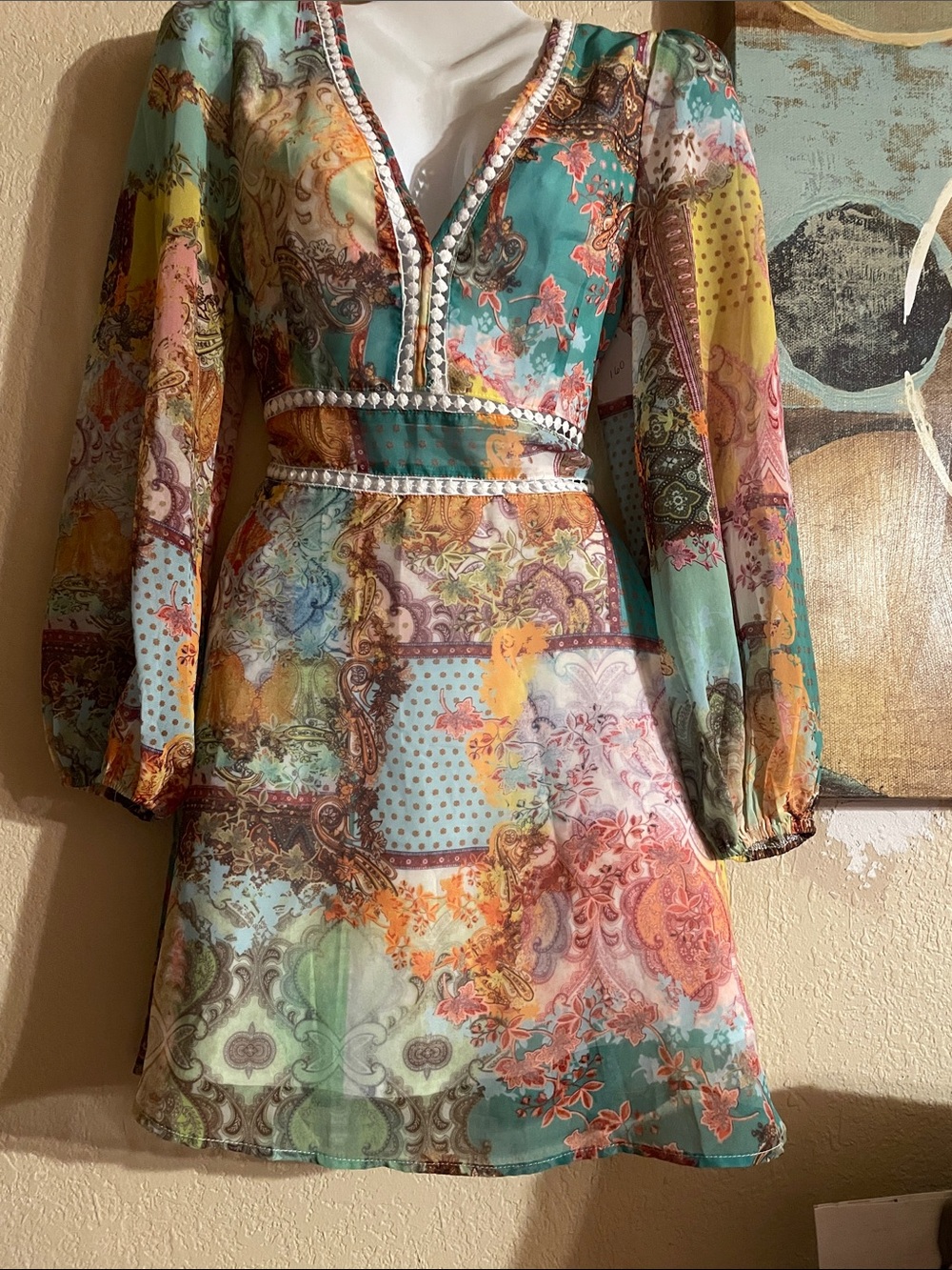 Boho Patchwork Floral V-Neck Mini Dress in Teal and Multicolor